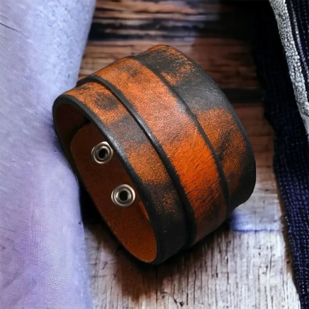 Men’s Leather Cuff, Wristband l Brown/Black Soft P/U l 2-Snap Adj Design l New